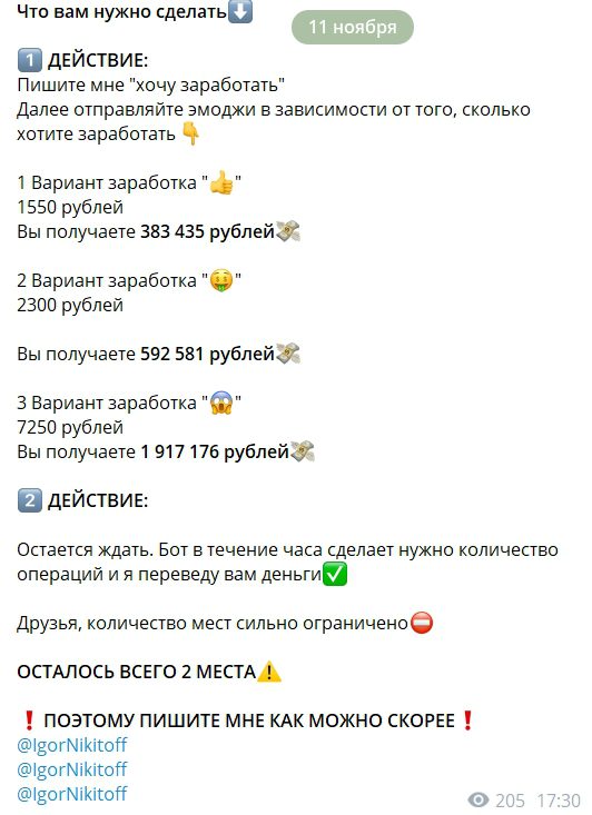 варианты заработка на канале Игоря Никитова в Телеграме