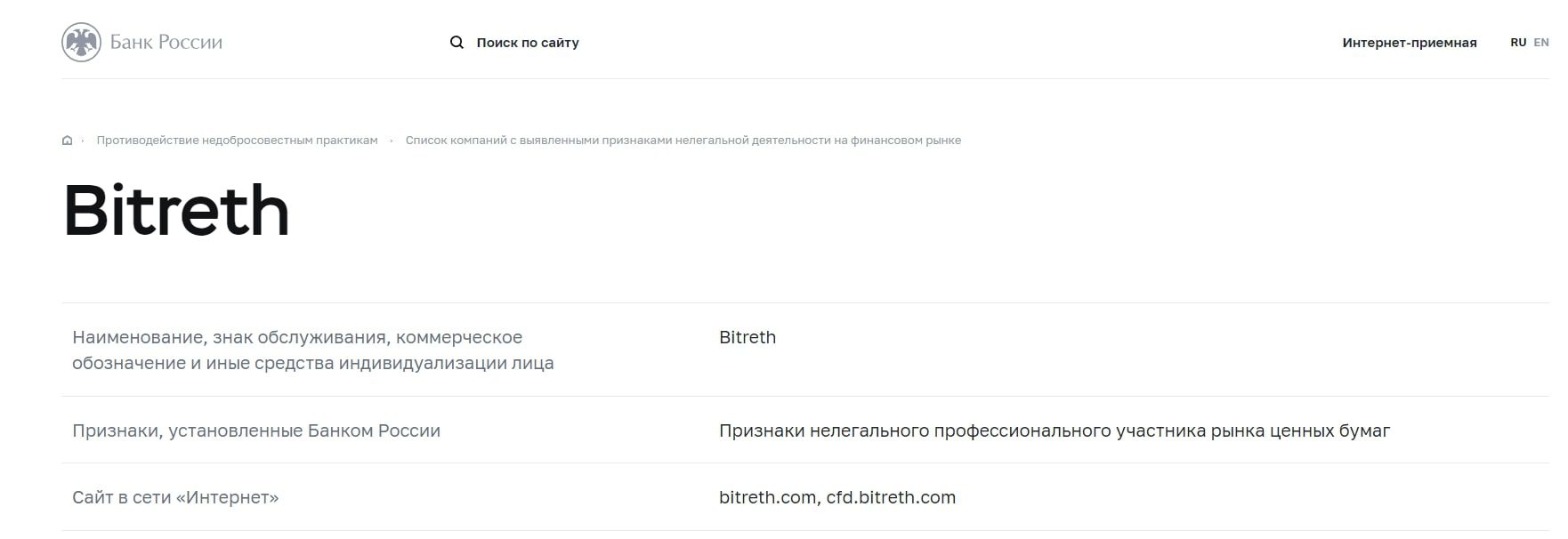 Bitreth биржа в реестре ЦБ РФ