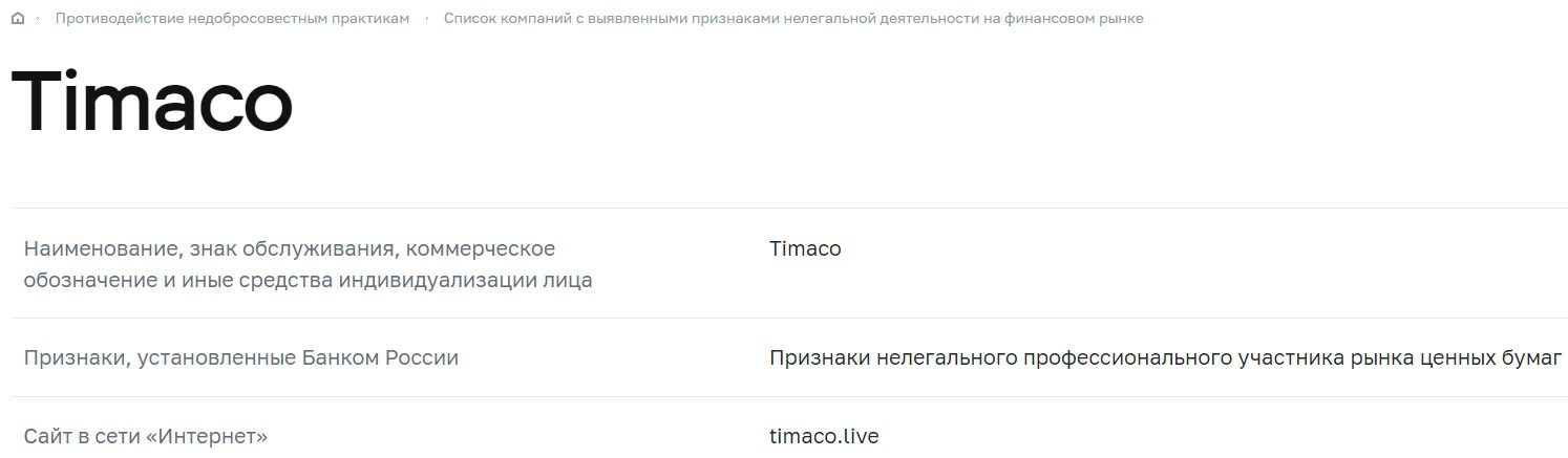 Timaco Live в листе ЦБ