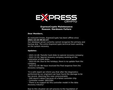 Объявление о ликвидации проекта ExpressCrypto